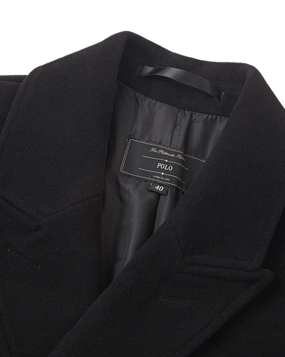 Mens Black Wool Polo Coat Double Breasted Peak Lapel Overcoat