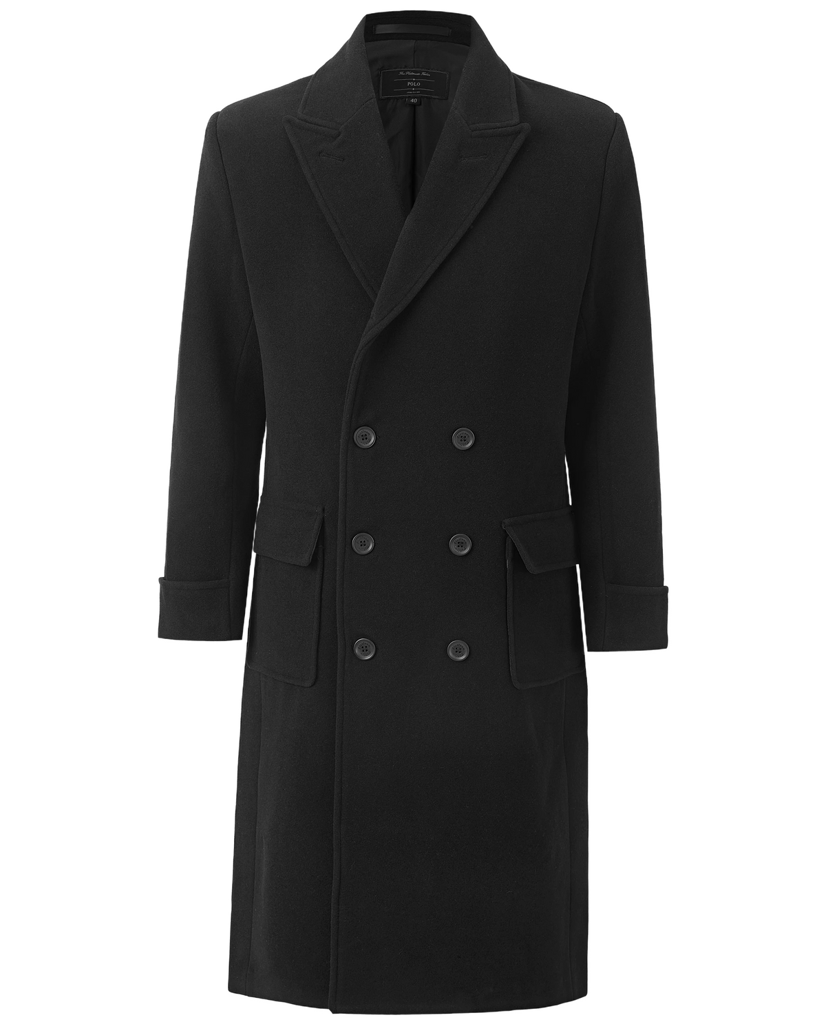 Mens Black Wool Polo Coat Double Breasted Peak Lapel Overcoat