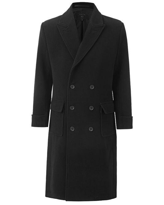 Mens Black Wool Polo Coat Double Breasted Peak Lapel Overcoat