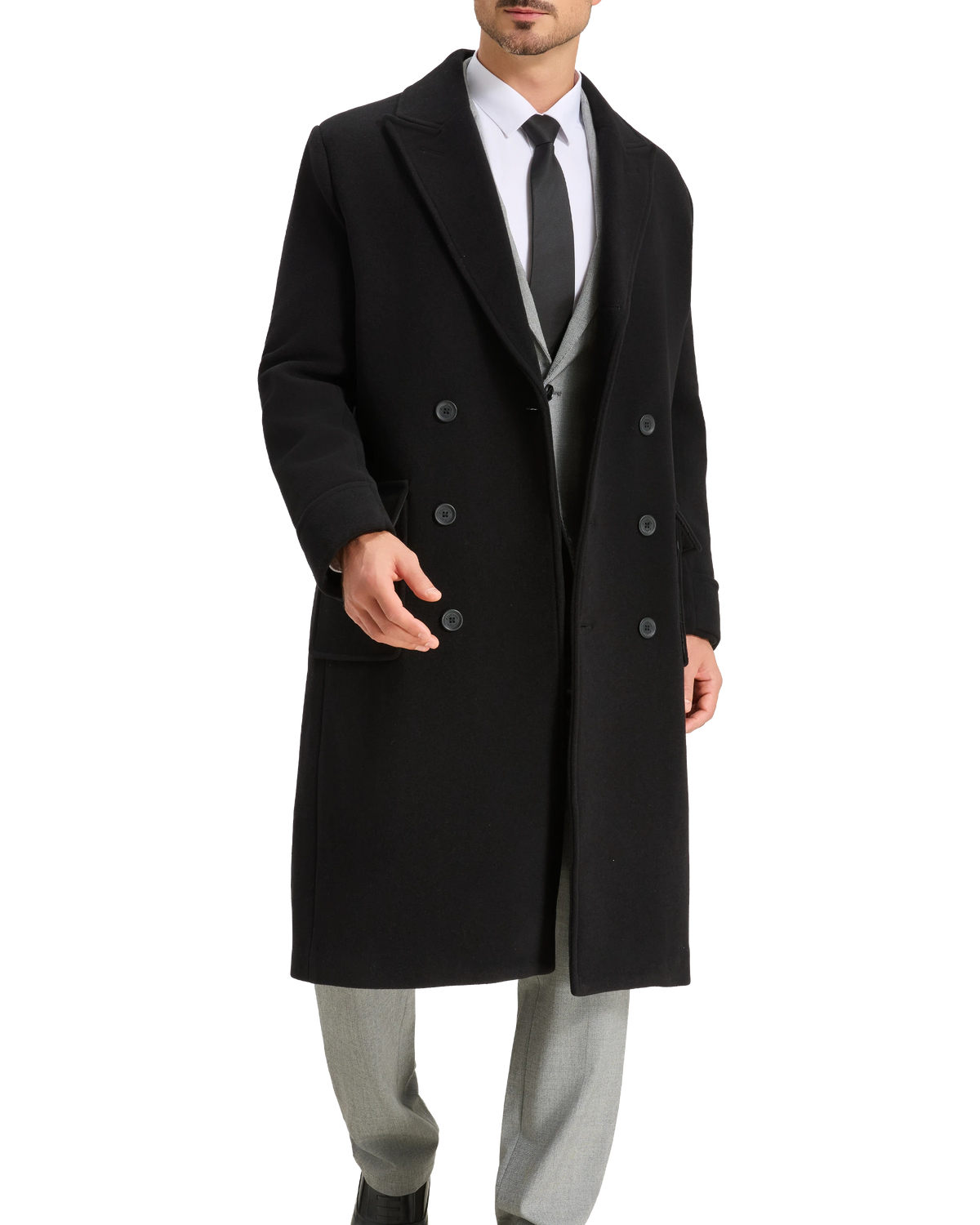 Mens Black Wool Polo Coat Double Breasted Peak Lapel Overcoat