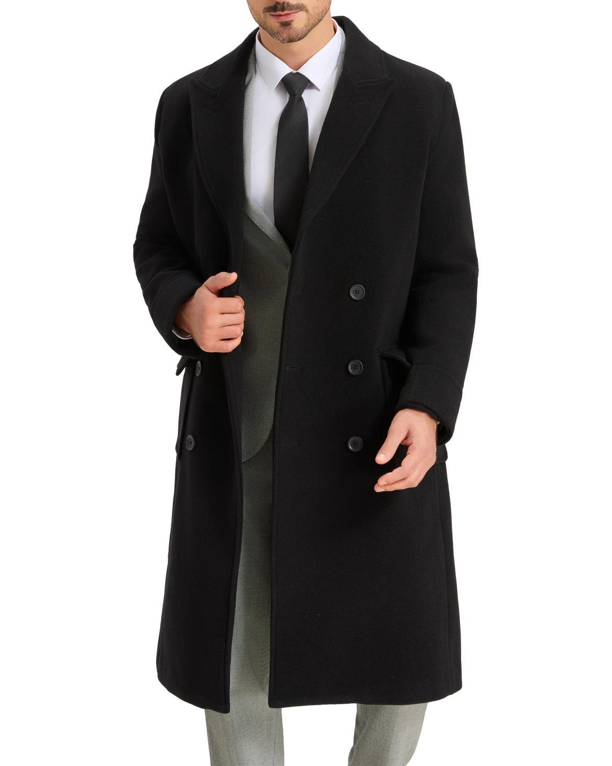 Mens Black Wool Polo Coat Double Breasted Peak Lapel Overcoat