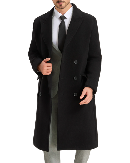 Mens Black Wool Polo Coat Double Breasted Peak Lapel Overcoat