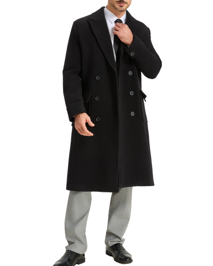 Mens Black Wool Polo Coat Double Breasted Peak Lapel Overcoat