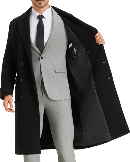 Mens Black Wool Polo Coat Double Breasted Peak Lapel Overcoat