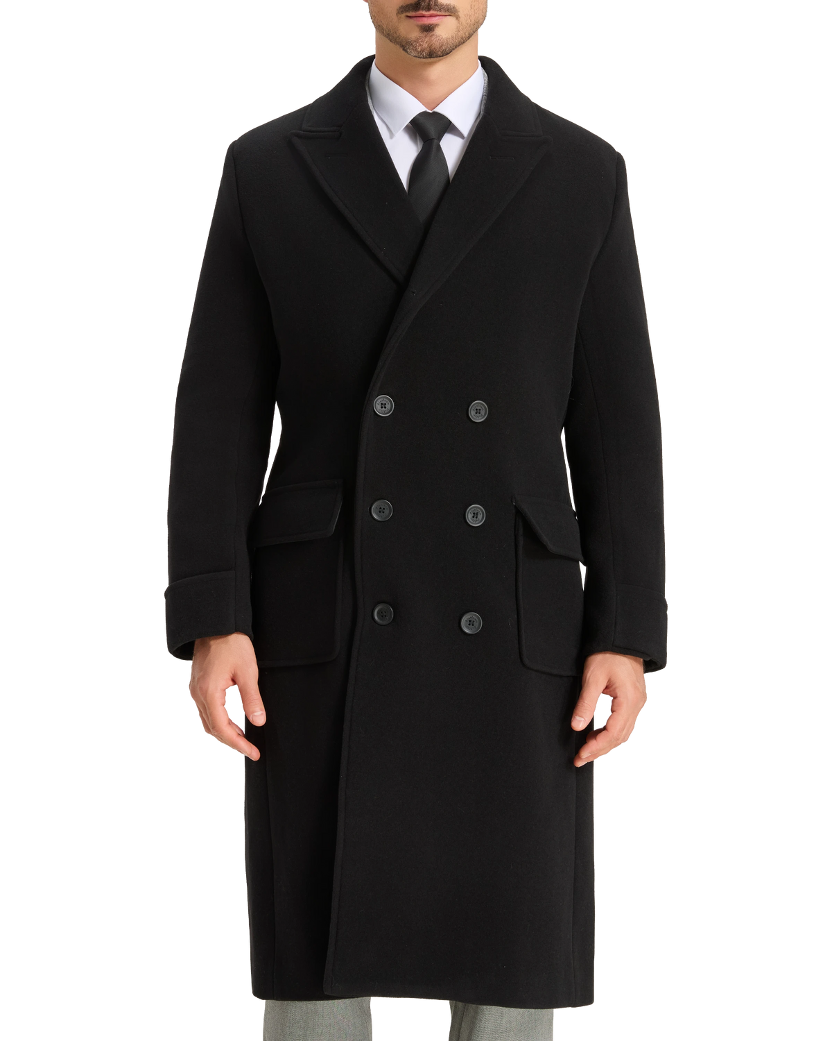 Mens Black Wool Polo Coat Double Breasted Peak Lapel Overcoat