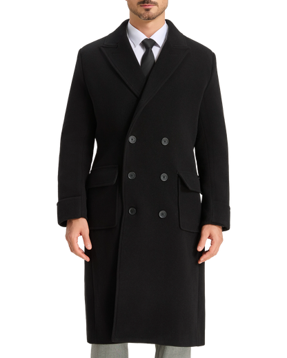 Mens Black Wool Polo Coat Double Breasted Peak Lapel Overcoat