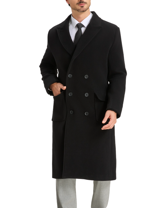 Mens Black Wool Polo Coat Double Breasted Peak Lapel Overcoat