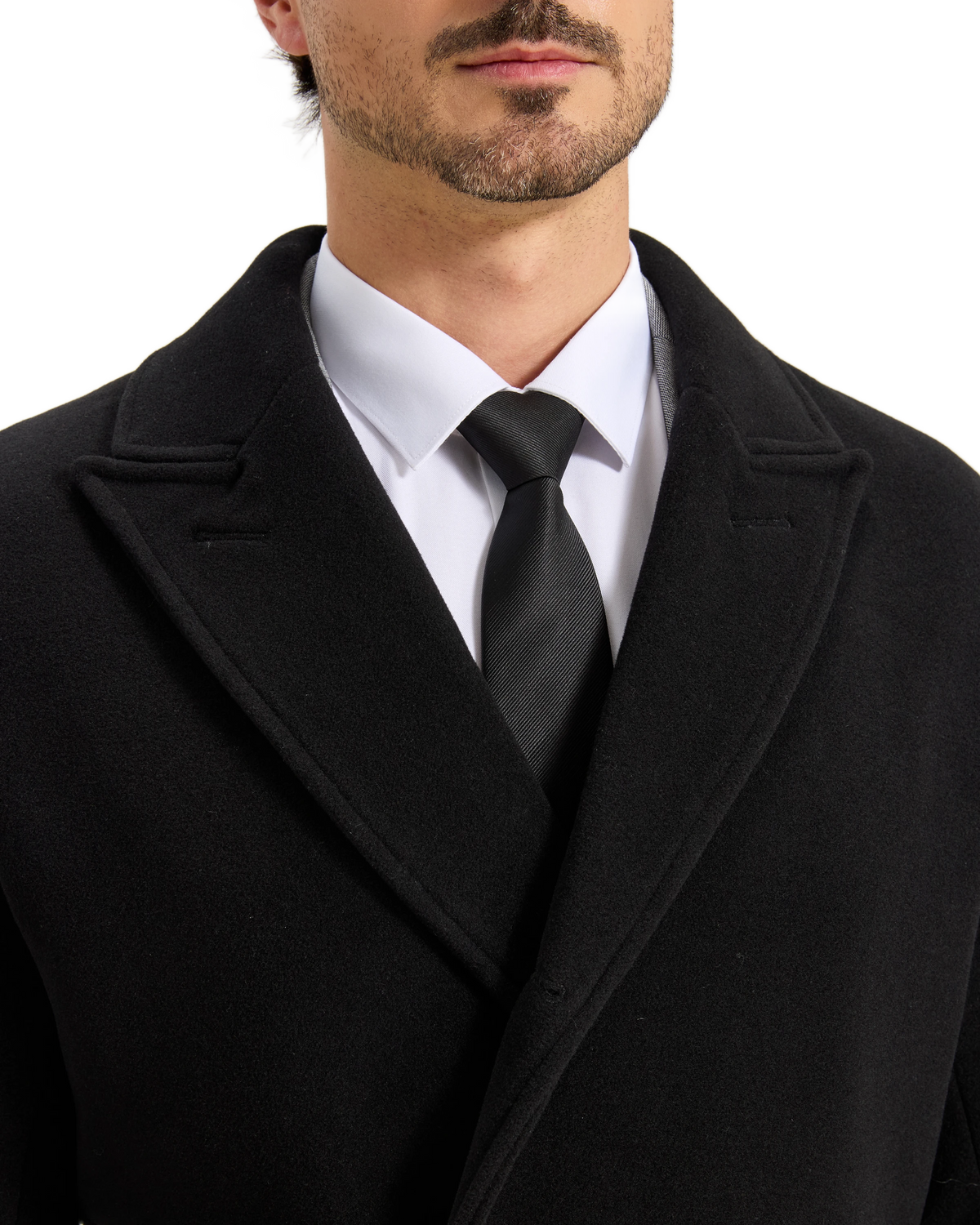 Mens Black Wool Polo Coat Double Breasted Peak Lapel Overcoat