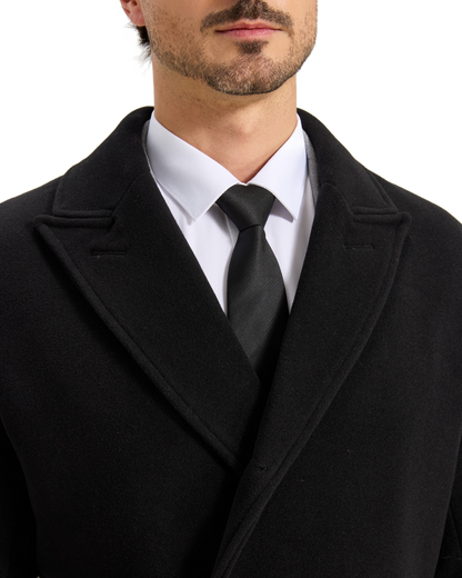 Mens Black Wool Polo Coat Double Breasted Peak Lapel Overcoat