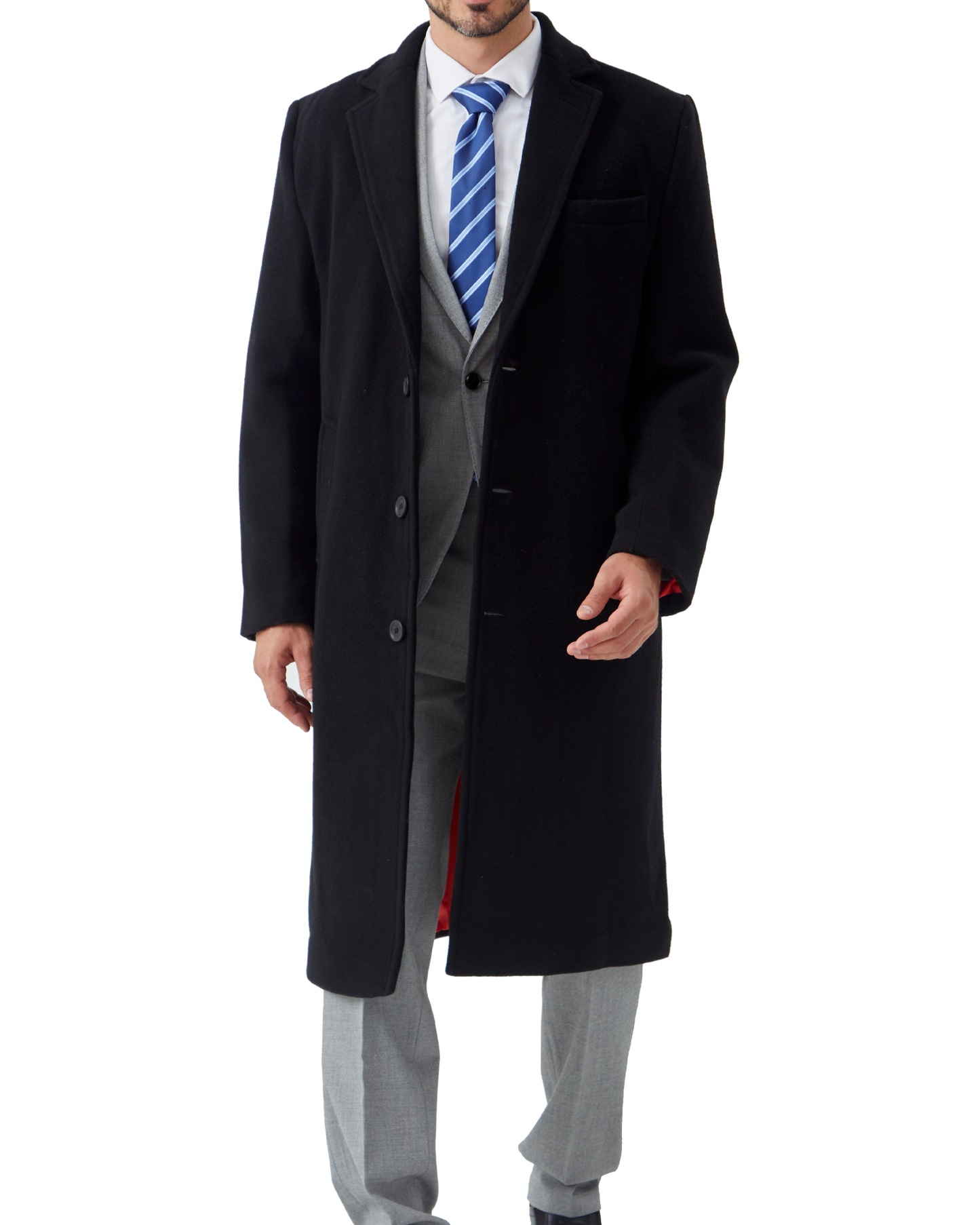 Black Wool Cashmere Long Overcoat With Red Lining