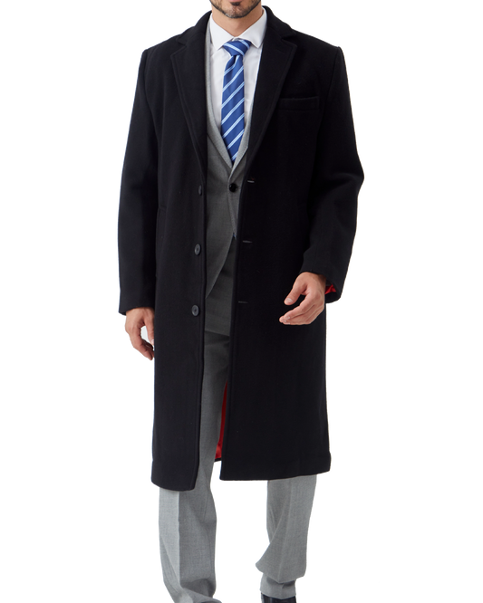 Black Wool Cashmere Long Overcoat With Red Lining