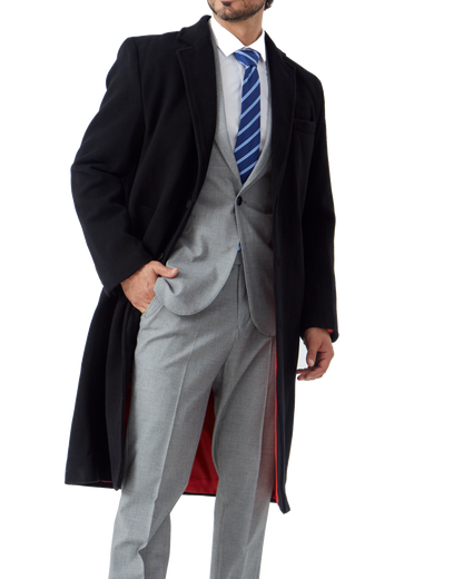 Black Wool Cashmere Long Overcoat With Red Lining