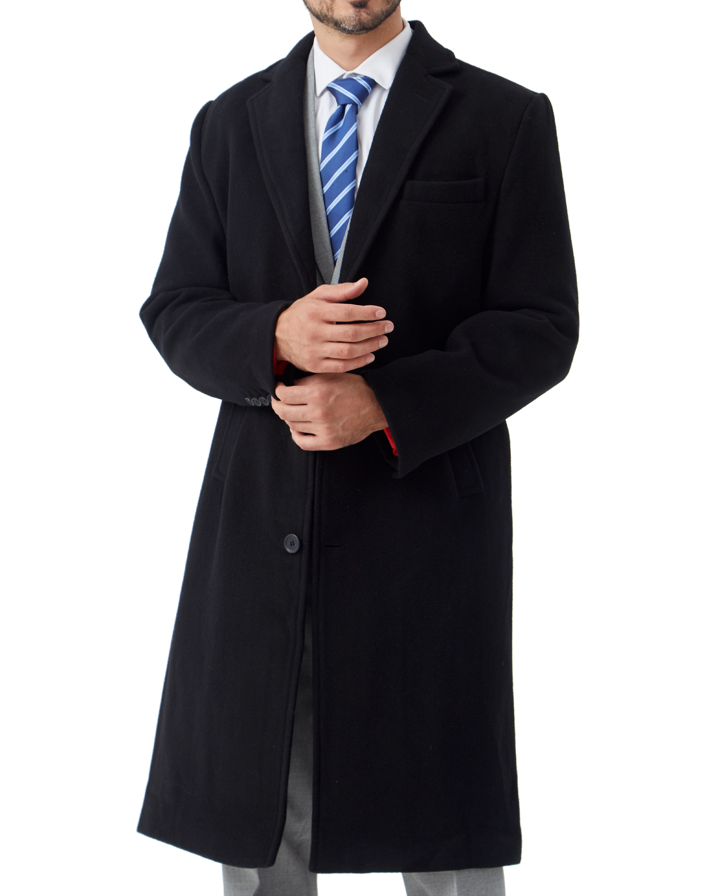 Black Wool Cashmere Long Overcoat With Red Lining