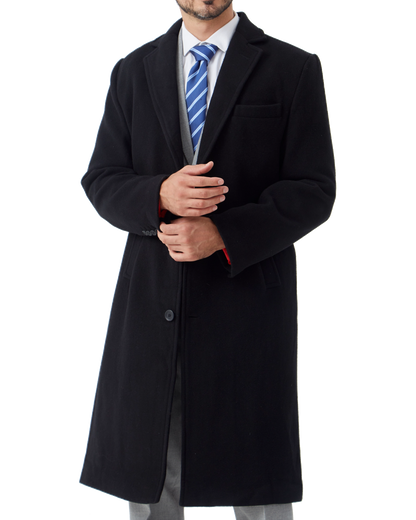 Black Wool Cashmere Long Overcoat With Red Lining