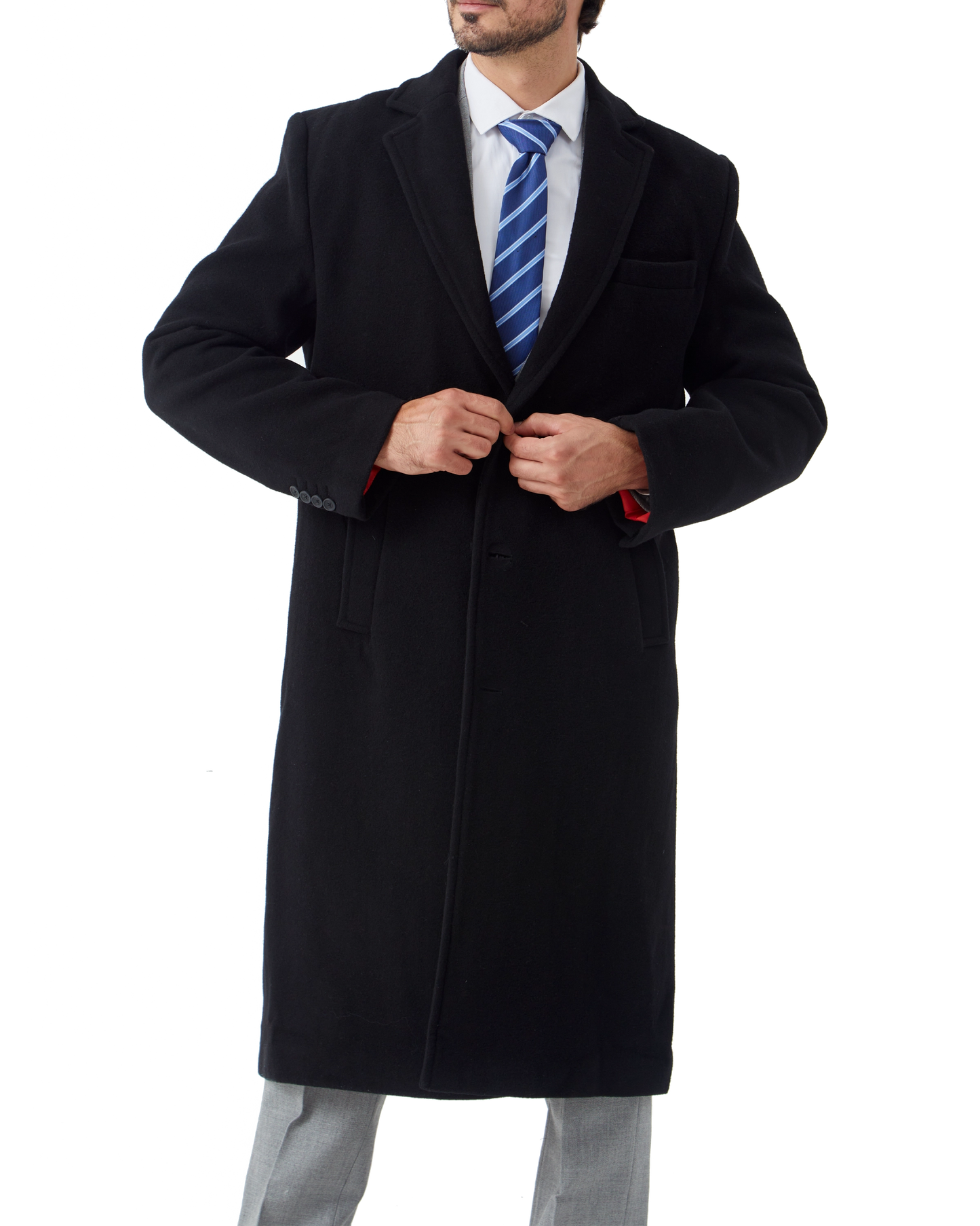 Black Wool Cashmere Long Overcoat With Red Lining