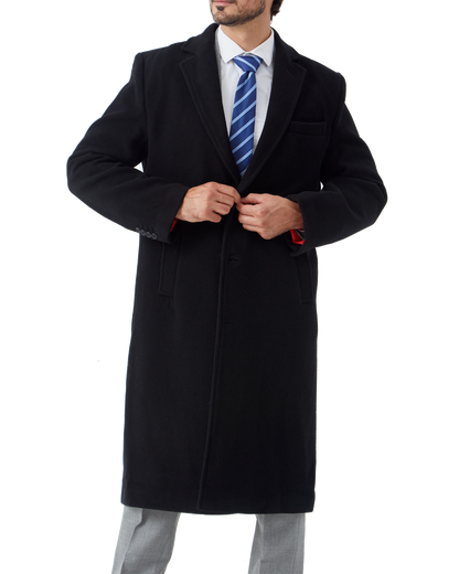 Black Wool Cashmere Long Overcoat With Red Lining