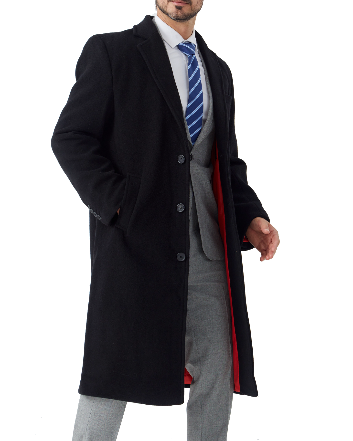 Black Wool Cashmere Long Overcoat With Red Lining
