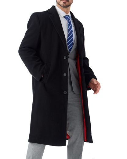 Black Wool Cashmere Long Overcoat With Red Lining