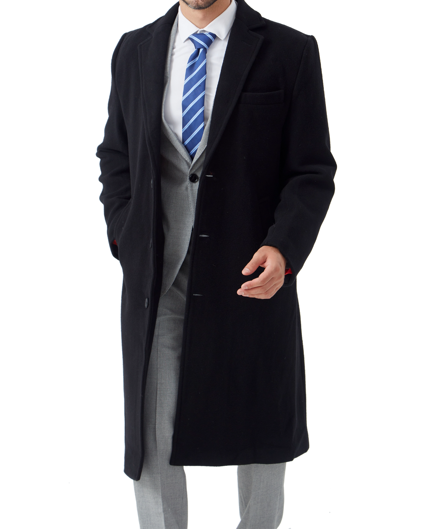 Black Wool Cashmere Long Overcoat With Red Lining