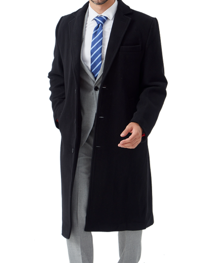 Black Wool Cashmere Long Overcoat With Red Lining