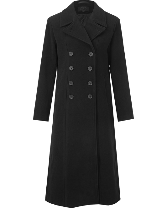 Flat front view of the black double breasted wool overcoat, buttoned to the neck