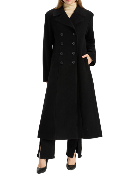 Model wearing the women's full length black double breasted wool overcoat - The Platinum Tailor