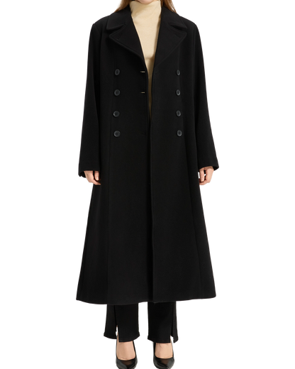 Womens Black Double Breasted Wool Overcoat