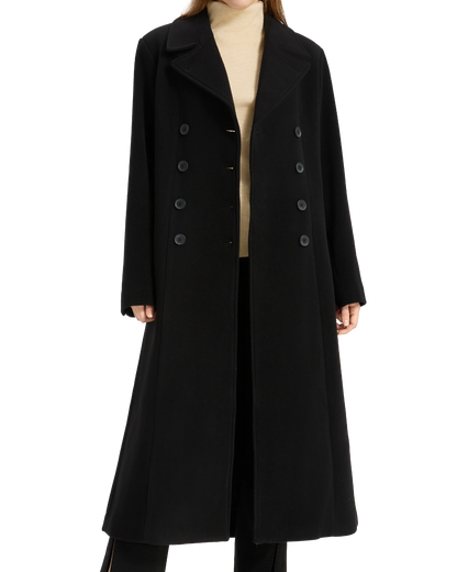 Womens Black Double Breasted Wool Overcoat