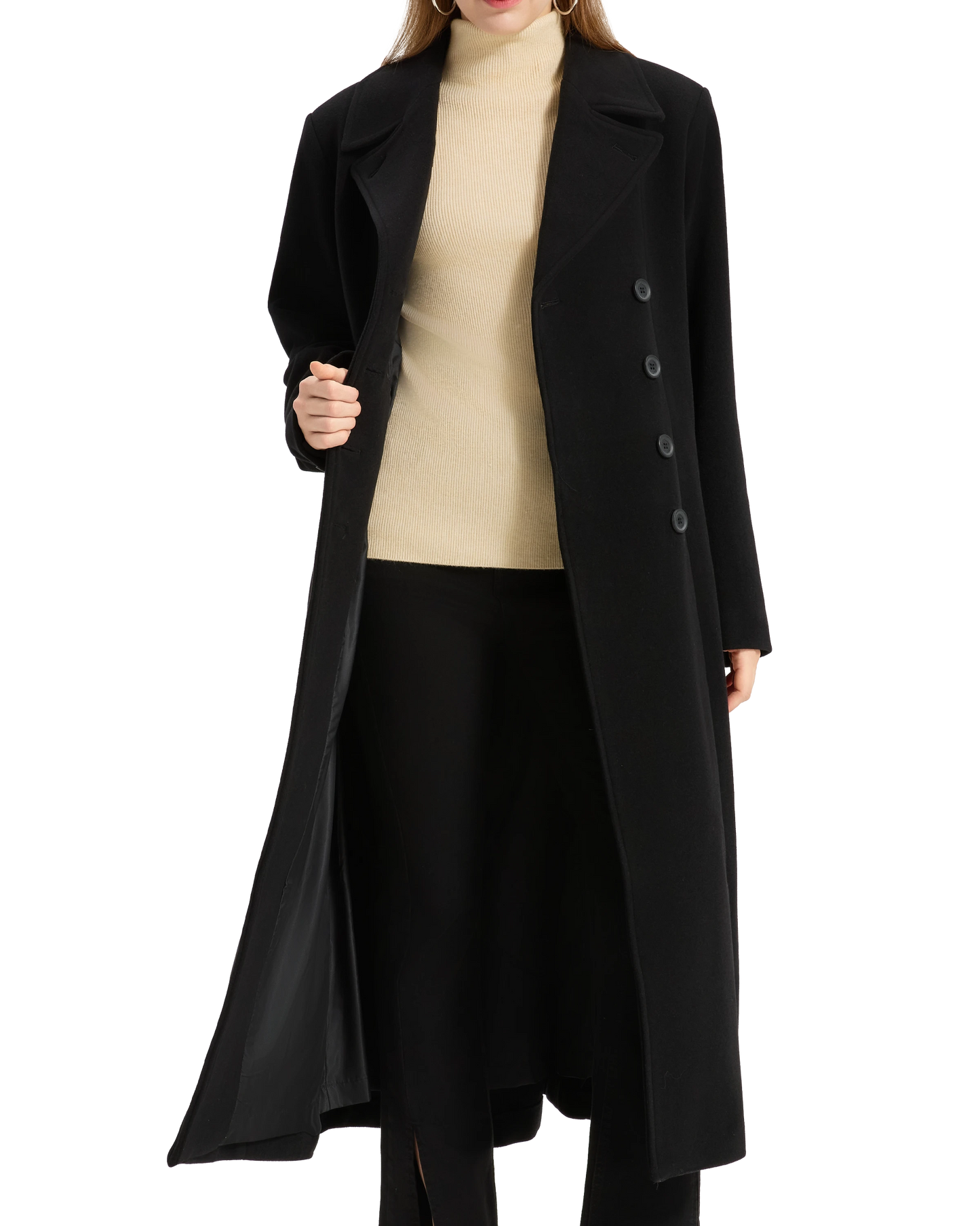Womens Black Double Breasted Wool Overcoat
