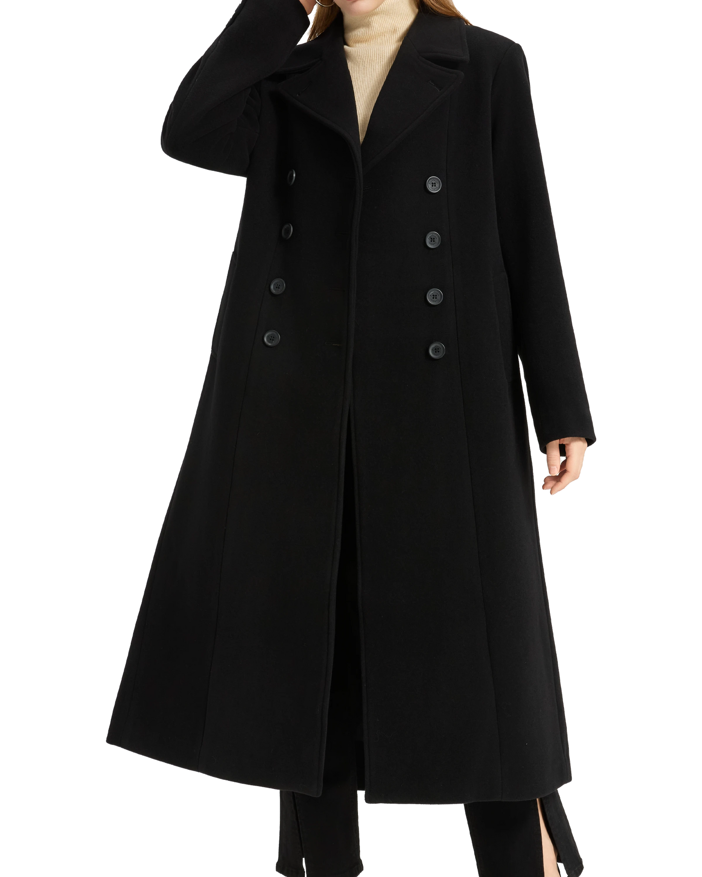Womens Black Double Breasted Wool Overcoat