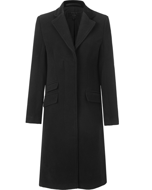 Flat front view of the black covert overcoat showing the flap pockets and clean placket