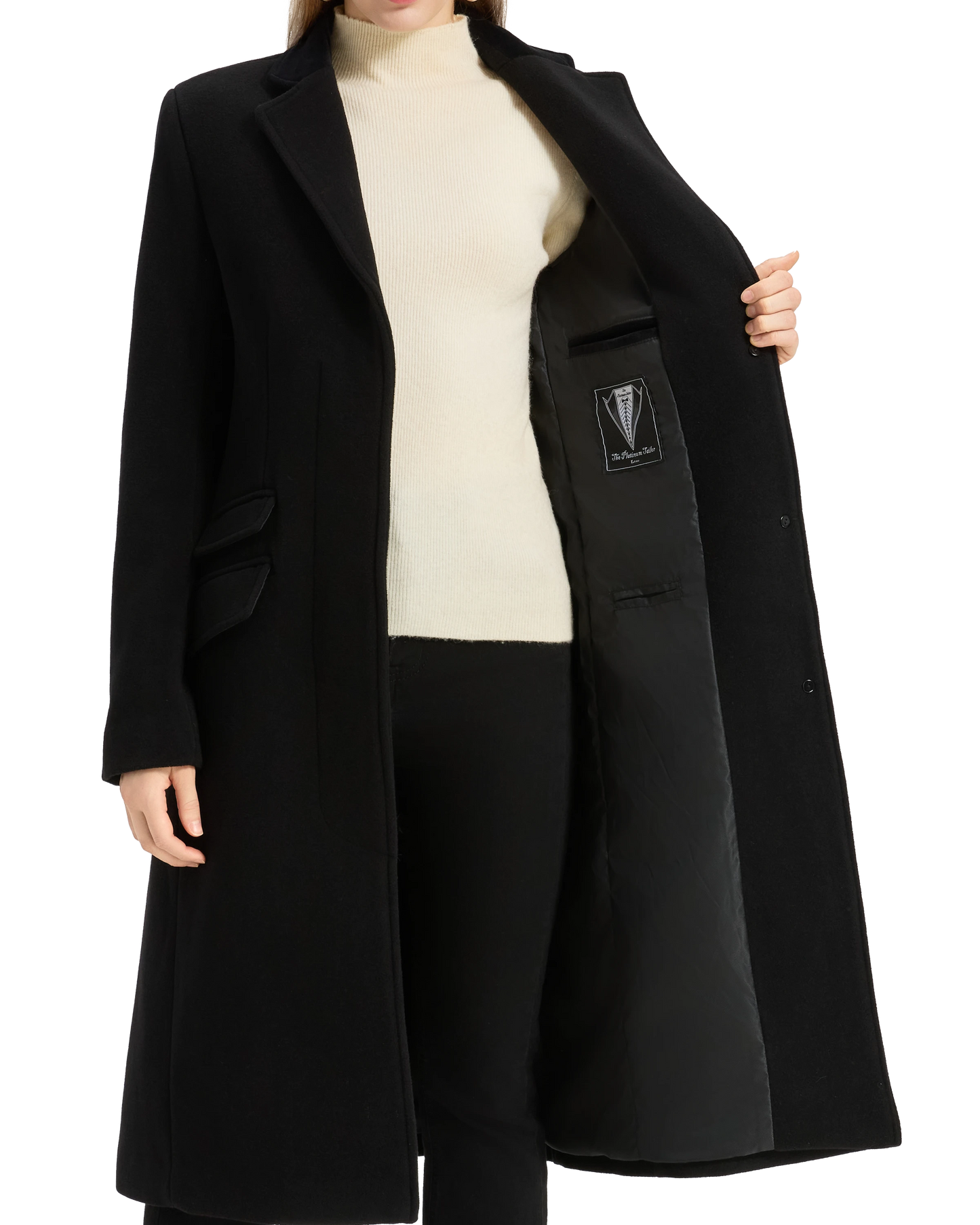 Women's Black Wool Cashmere Covert Overcoat - Black Lining
