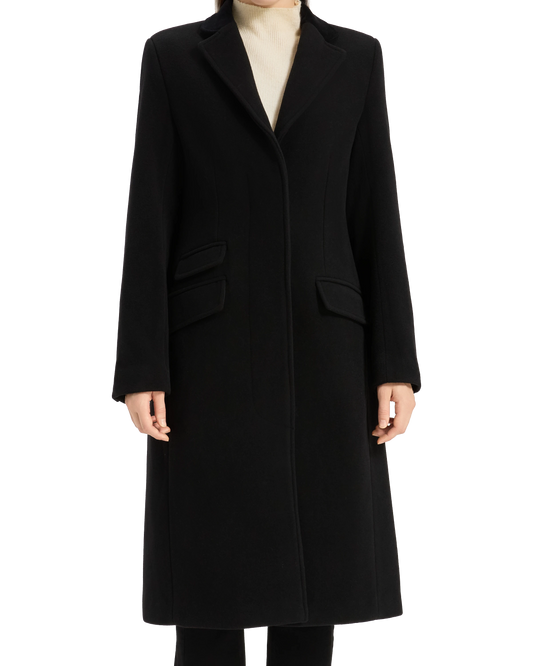 Women's black wool cashmere covert overcoat with black satin lining, front view - The Platinum Tailor