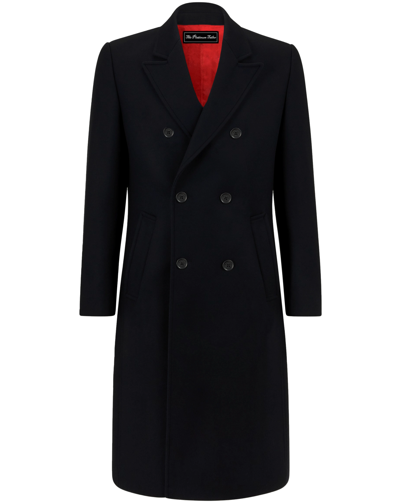 Mens Wool Cashmere Double Breasted Overcoat Black with Red Lining