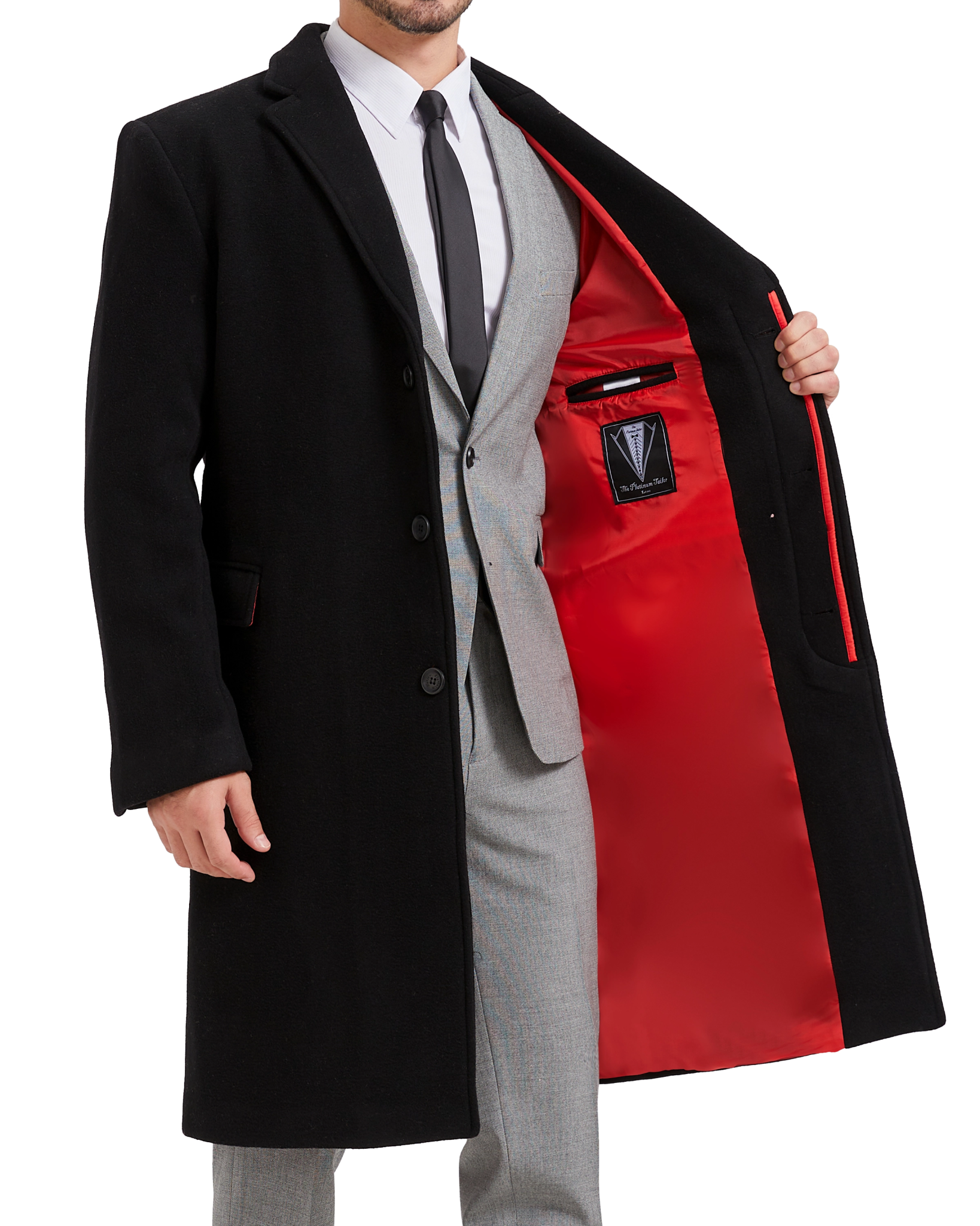 Men's Black Wool Cashmere Bond Overcoat Single Breasted Red Lining