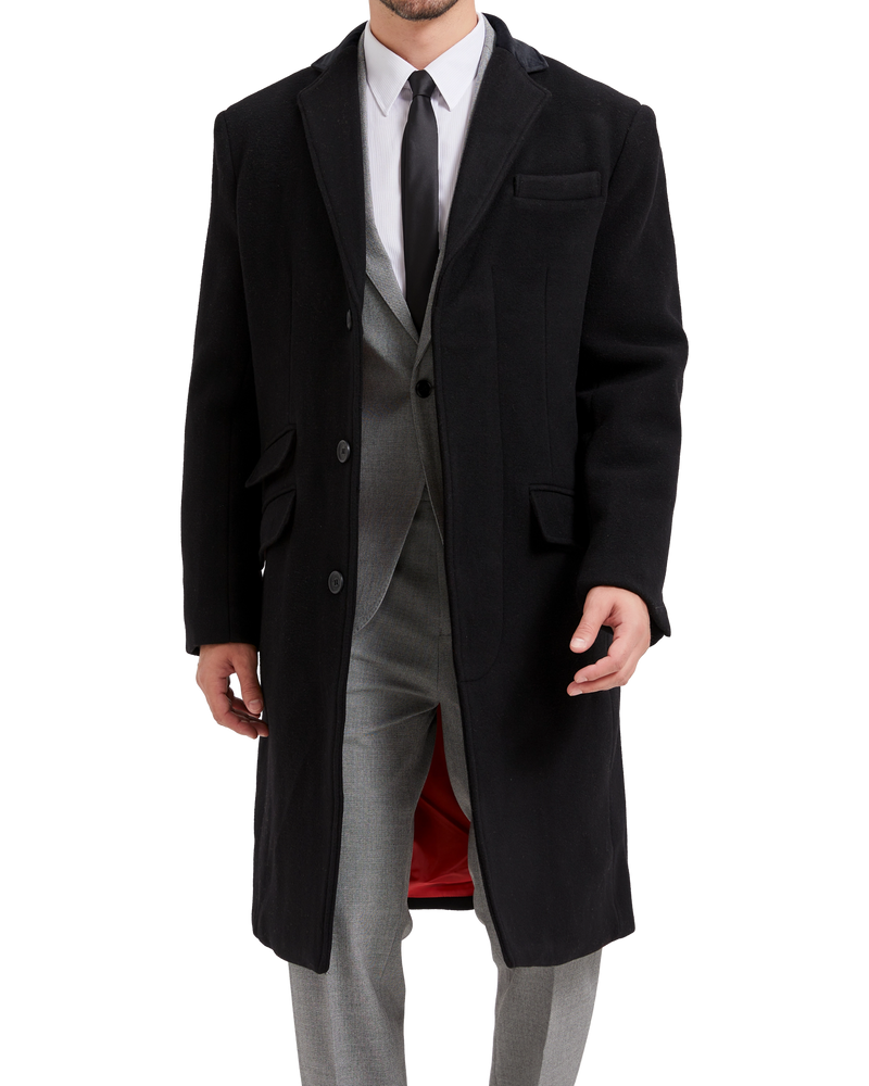 Men's black wool cashmere covert overcoat with velvet collar — Peaky Blinders style coat