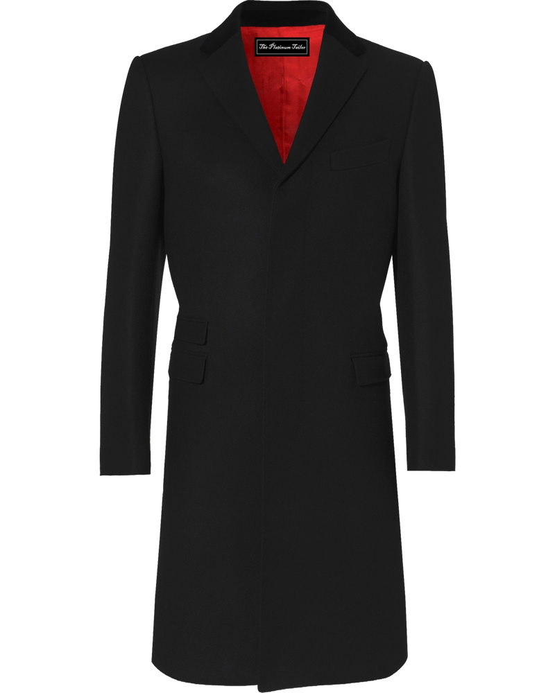 Men's black wool cashmere covert overcoat with velvet collar — The Platinum Tailor