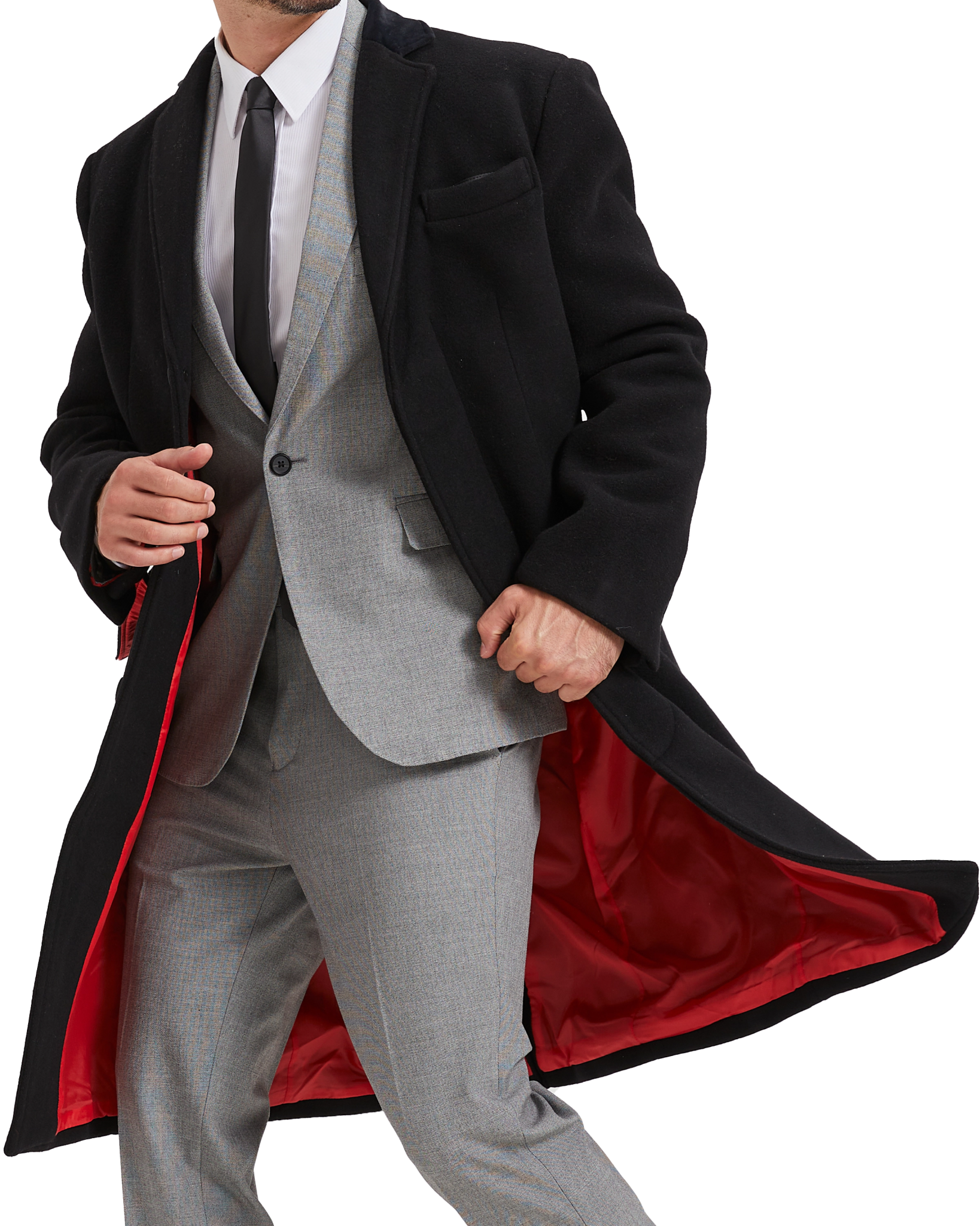 Men's Black Wool Cashmere Overcoat - Velvet Collar, Red Satin Lining,  Classic Mod Coat For Winter Men's Overcoat