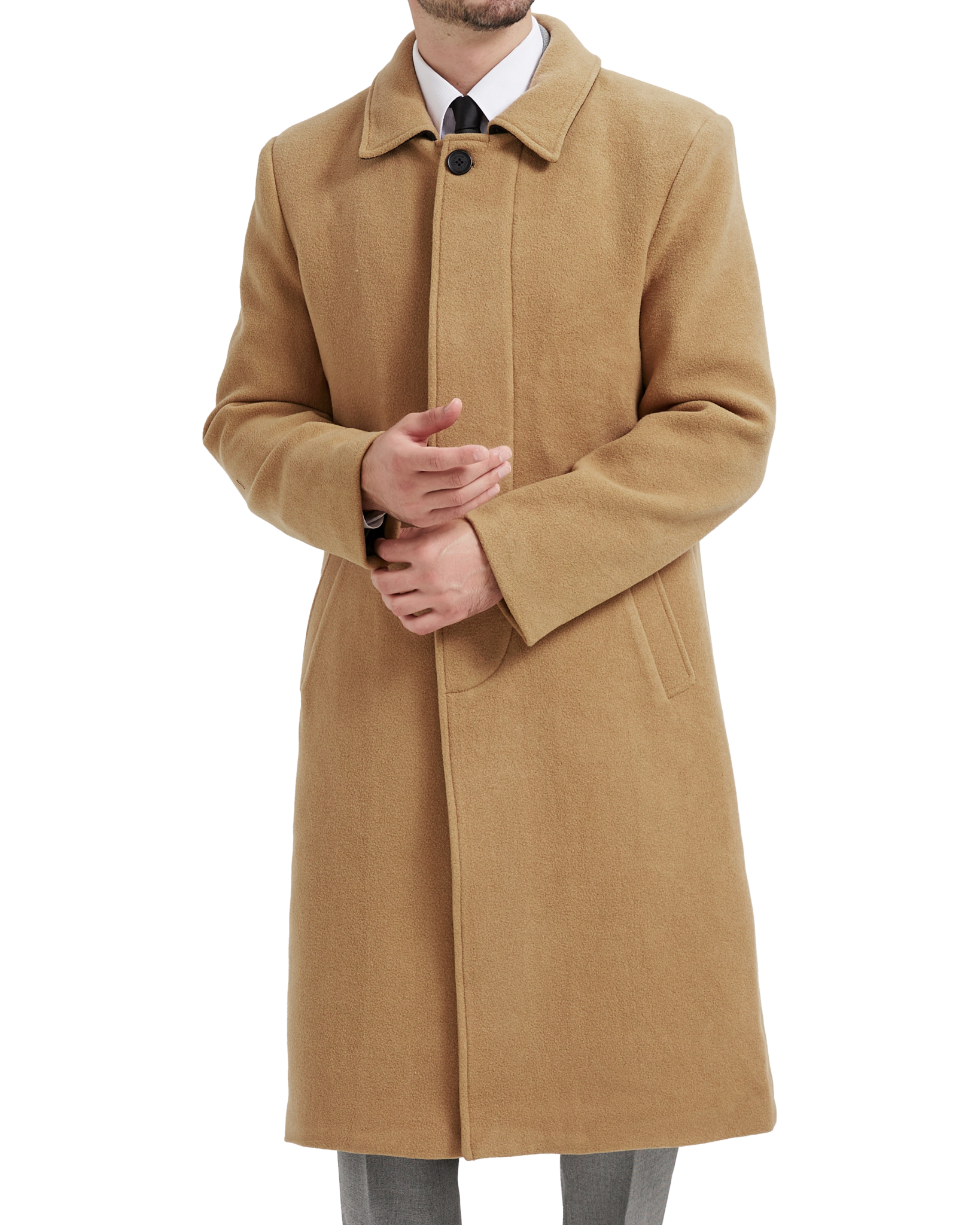 Mens Camel Long Wool Cashmere Overcoat Single Breasted Hidden