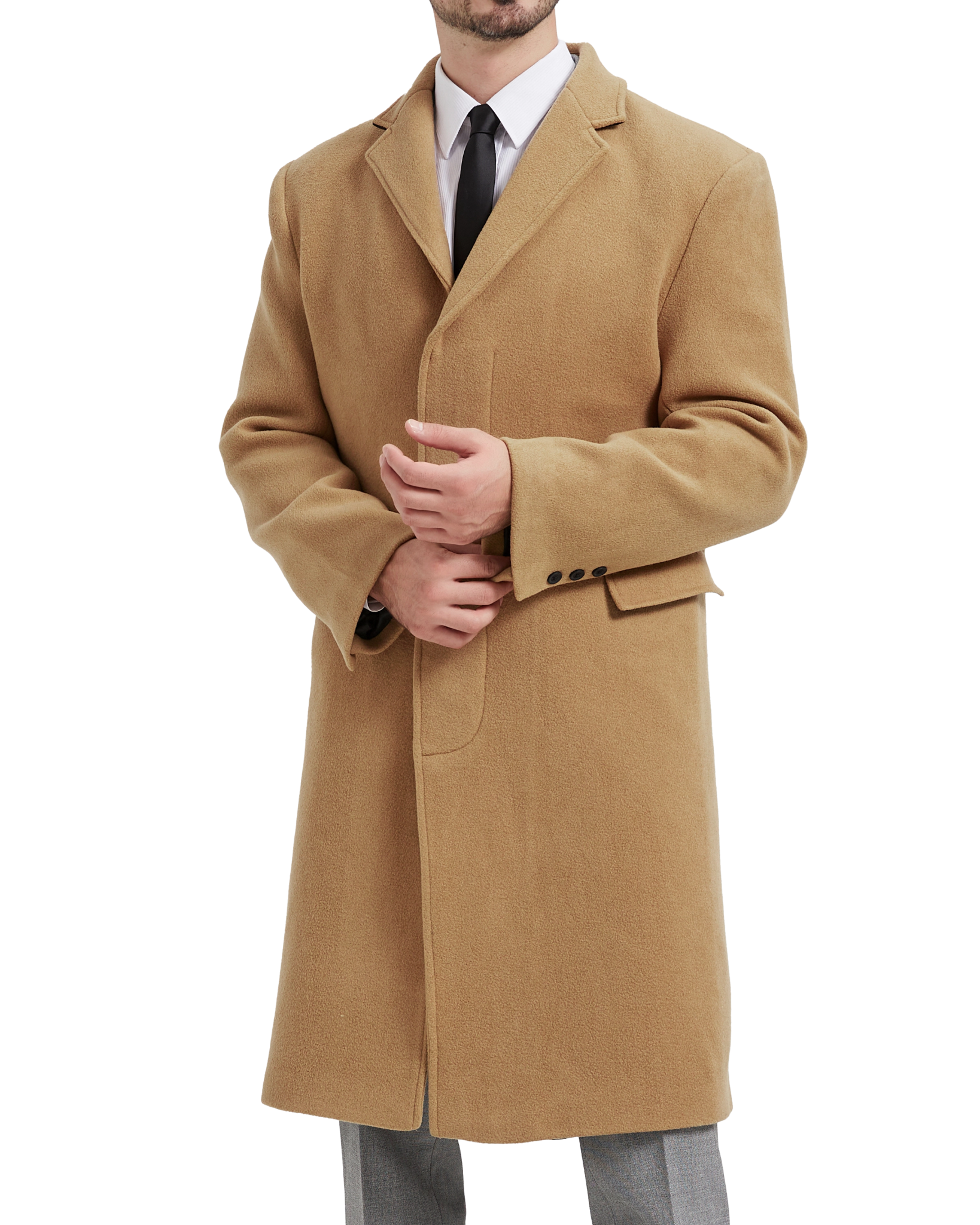 Men's Camel Wool Cashmere Bond Overcoat Single Breasted Black
