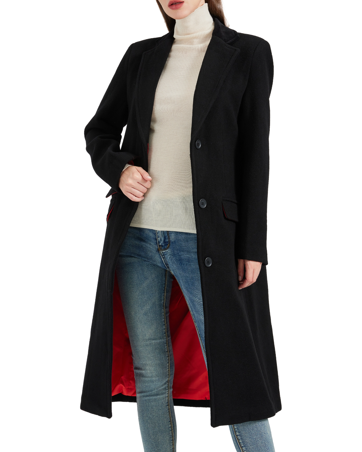 Model wearing the black wool cashmere covert overcoat open over a cream roll-neck, red satin lining showing - The Platinum Tailor